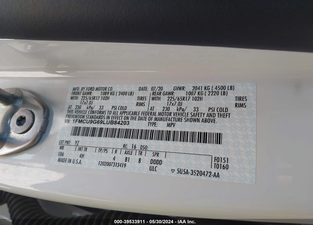 2020 FORD ESCAPE SE VIN: 1FMCU9G69LUB84203