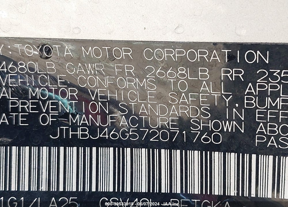 2007 LEXUS ES 350 VIN: JTHBJ46G572071760