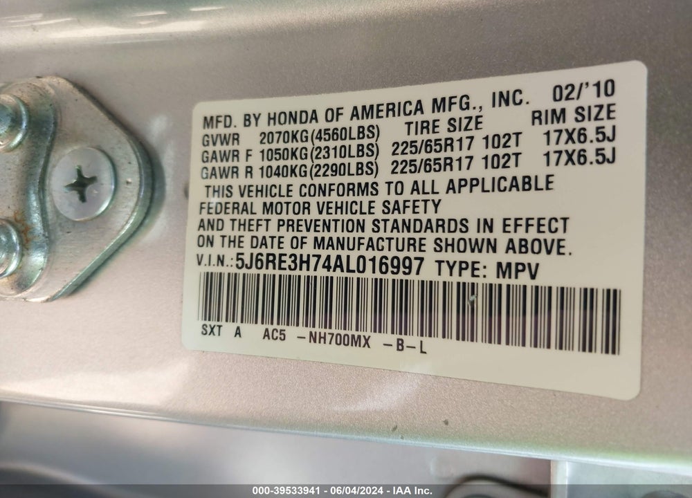 2010 HONDA CR-V EX-L VIN: 5J6RE3H74AL016997