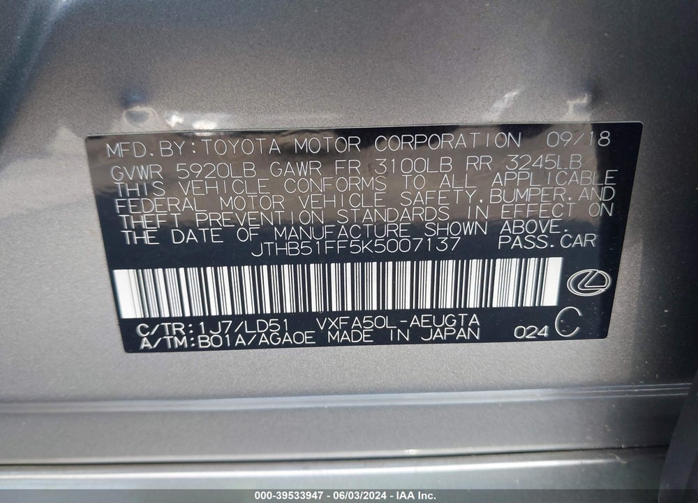 2019 LEXUS LS 500 VIN: JTHB51FF5K5007137