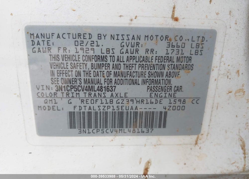2021 NISSAN KICKS SV XTRONIC CVT VIN: 3N1CP5CV4ML481637