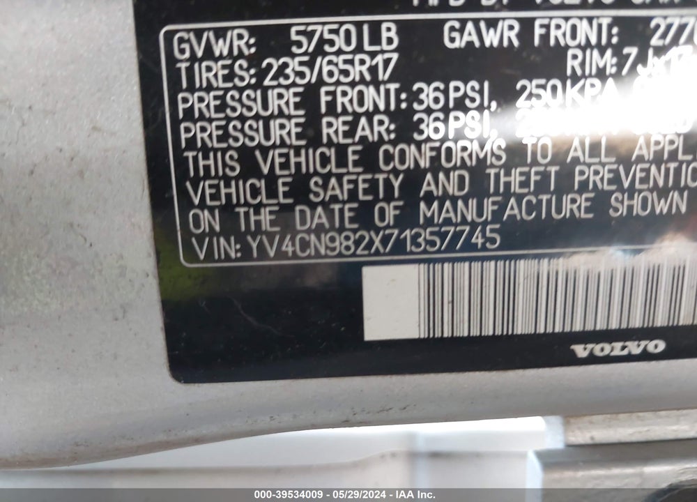 2007 VOLVO XC90 3.2 VIN: YV4CN982X71357745