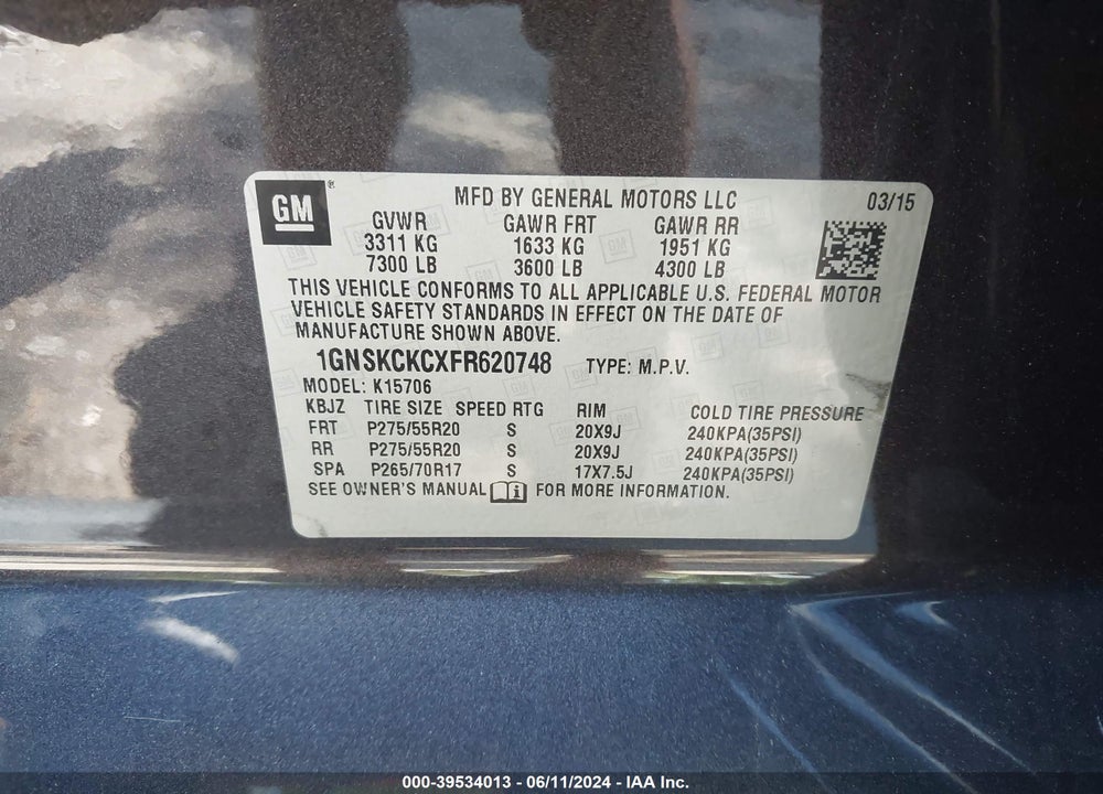 2015 CHEVROLET TAHOE LTZ VIN: 1GNSKCKCXFR620748