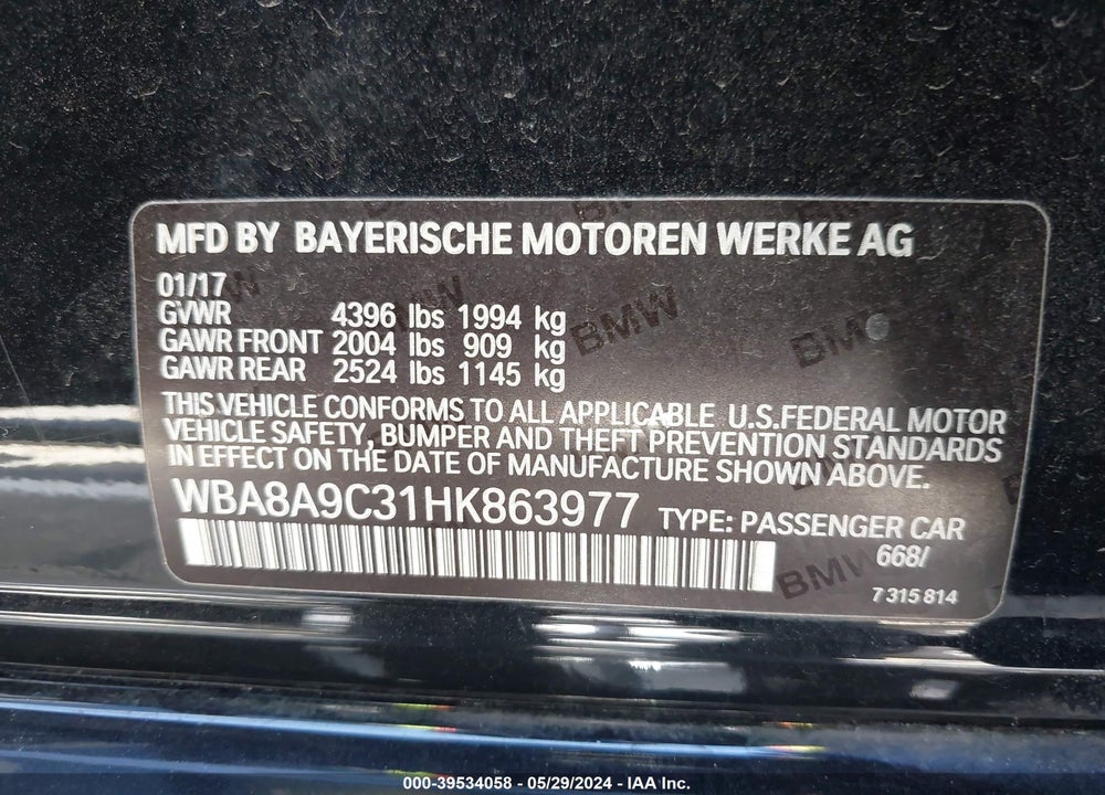 2017 BMW 320I VIN: WBA8A9C31HK863977