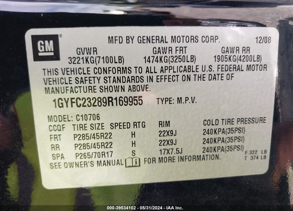 2009 CADILLAC ESCALADE STANDARD VIN: 1GYFC23289R169955