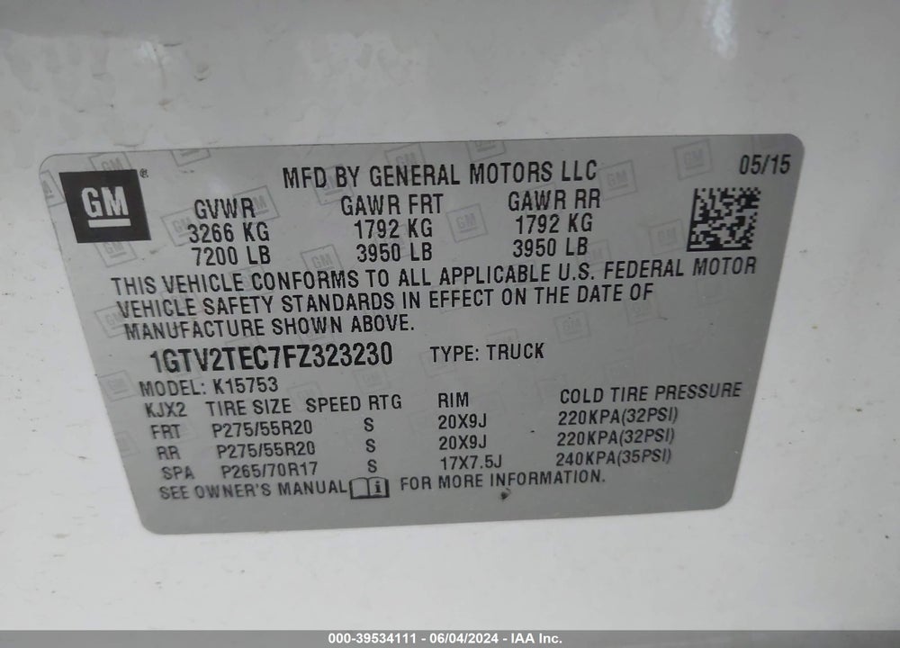 2015 GMC SIERRA 1500 VIN: 1GTV2TEC7FZ323230