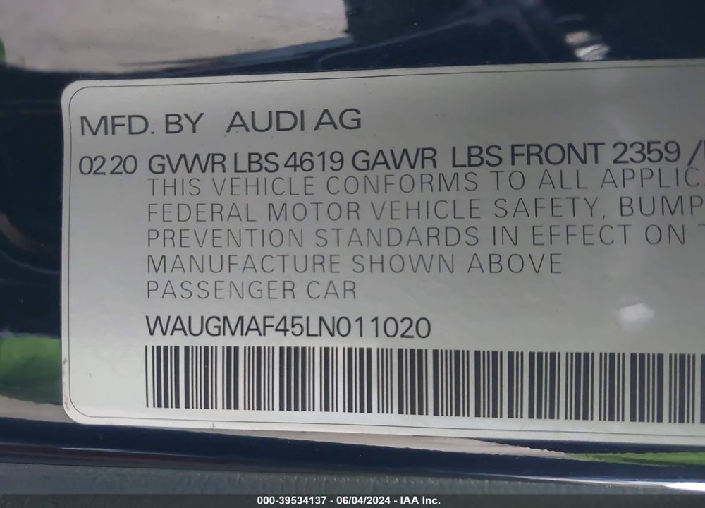 2020 AUDI A4 PREMIUM 40 TFSI FRONT-WHEEL DRIVE S TRONIC VIN: WAUGMAF45LN011020