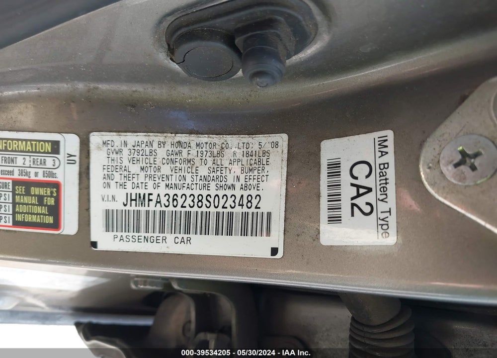 2008 HONDA CIVIC HYBRID VIN: JHMFA36238S023482