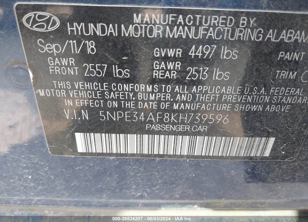 2019 HYUNDAI SONATA SPORT VIN: 5NPE34AF8KH739596