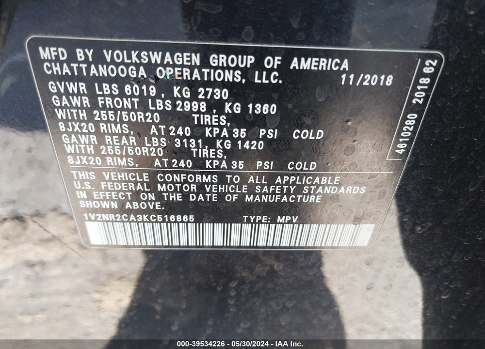 2019 VOLKSWAGEN ATLAS 3.6L V6 SEL PREMIUM VIN: 1V2NR2CA3KC516865
