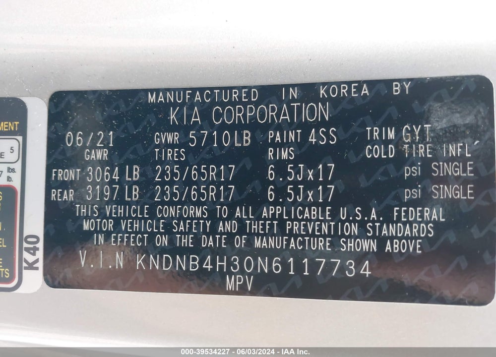 2022 KIA CARNIVAL MPV LX VIN: KNDNB4H30N6117734