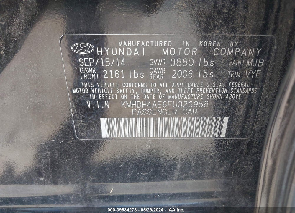 2015 HYUNDAI ELANTRA SE VIN: KMHDH4AE6FU326958