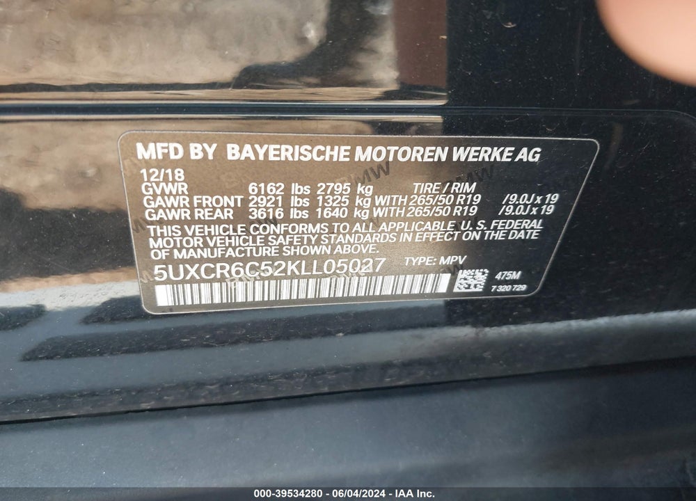 2019 BMW X5 XDRIVE40I VIN: 5UXCR6C52KLL05027