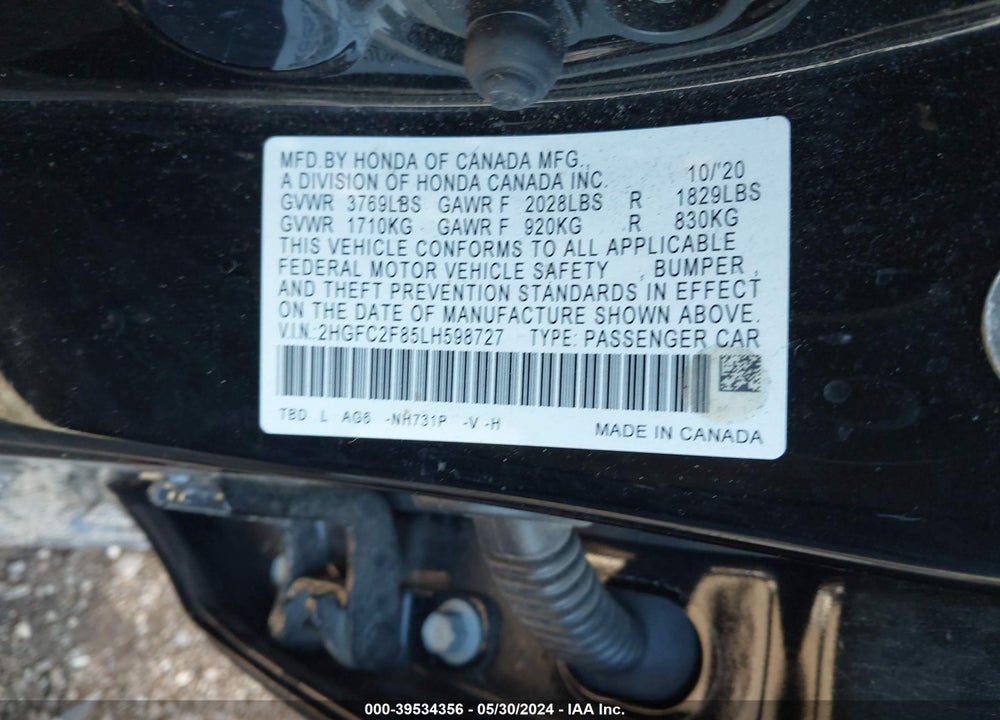 2020 HONDA CIVIC SPORT VIN: 2HGFC2F85LH598727
