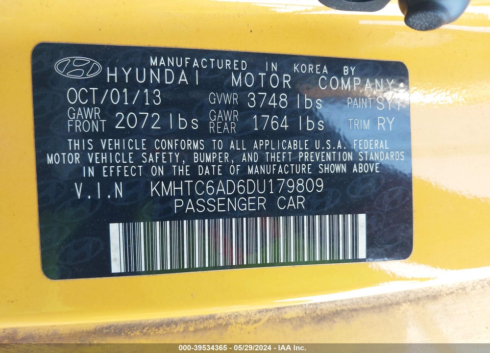 2013 HYUNDAI VELOSTER BASE W/BLACK VIN: KMHTC6AD6DU179809