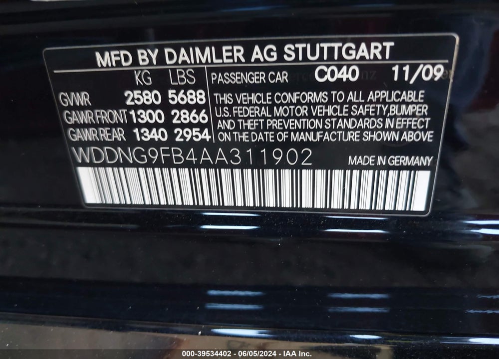 2010 MERCEDES-BENZ S 400 HYBRID VIN: WDDNG9FB4AA311902