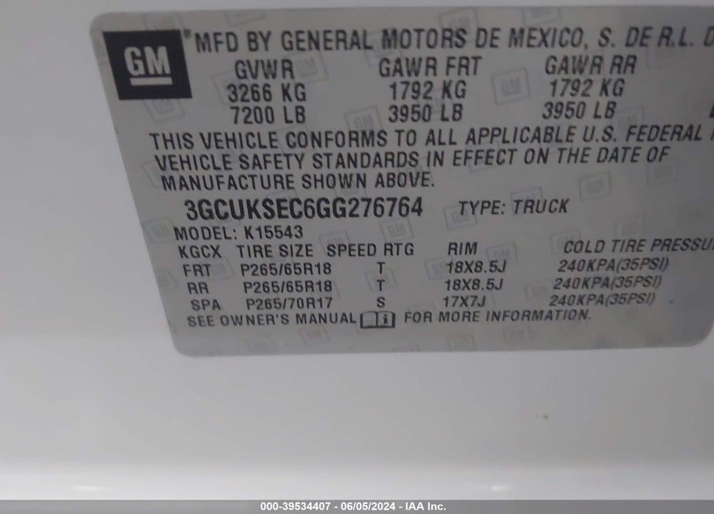 2016 CHEVROLET SILVERADO 1500 2LZ VIN: 3GCUKSEC6GG276764