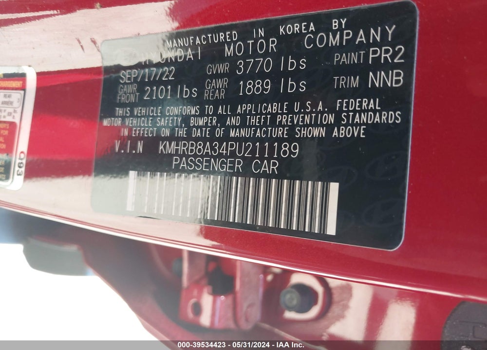 2023 HYUNDAI VENUE SE VIN: KMHRB8A34PU211189