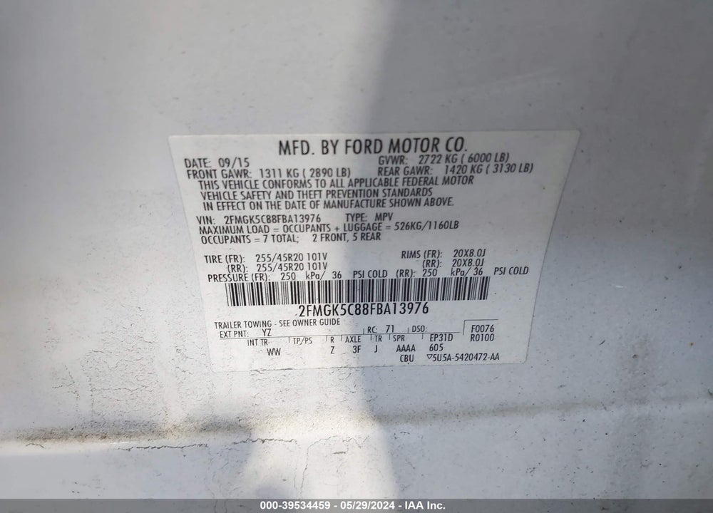 2015 FORD FLEX SEL VIN: 2FMGK5C88FBA13976