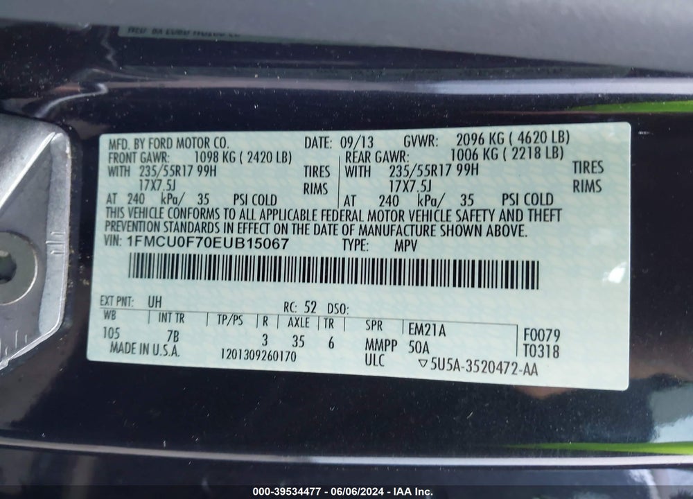 2014 FORD ESCAPE S VIN: 1FMCU0F70EUB15067