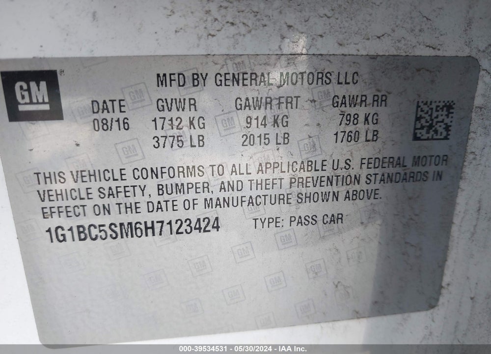 2017 CHEVROLET CRUZE LS AUTO VIN: 1G1BC5SM6H7123424