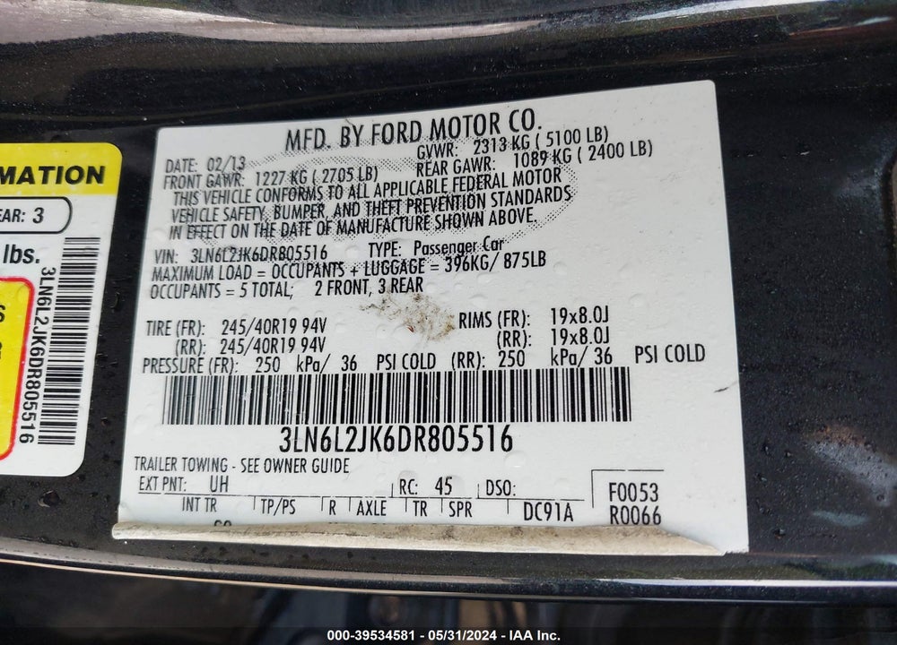2013 LINCOLN MKZ VIN: 3LN6L2JK6DR805516