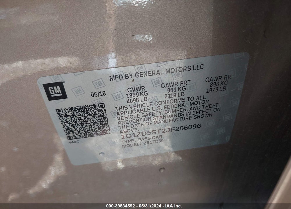 2018 CHEVROLET MALIBU LT VIN: 1G1ZD5ST2JF256096