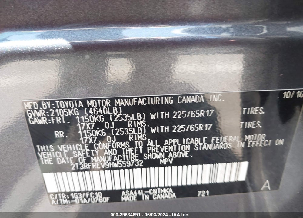 2017 TOYOTA RAV4 XLE VIN: 2T3RFREV9HW559732