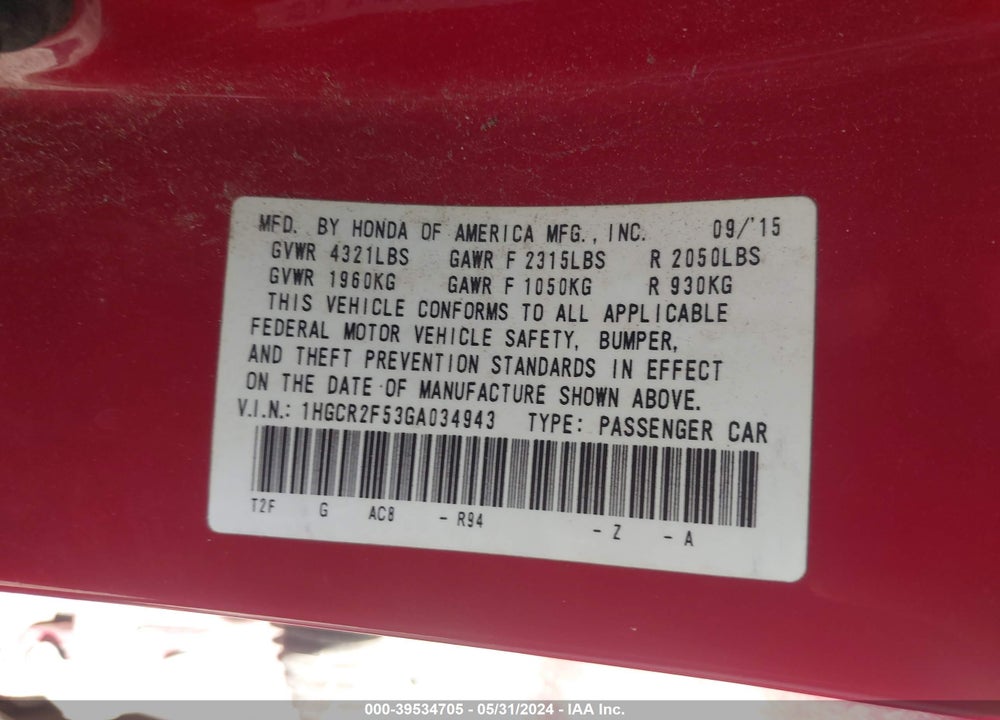 2016 HONDA ACCORD SPORT VIN: 1HGCR2F53GA034943