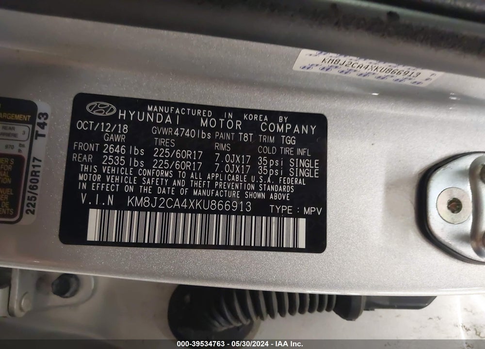 2019 HYUNDAI TUCSON SE VIN: KM8J2CA4XKU866913