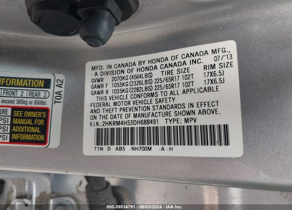 2013 HONDA CR-V VIN: 2HKRM4H53DH688491