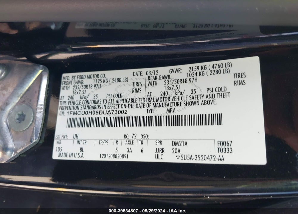 2013 FORD ESCAPE SEL VIN: 1FMCU0H96DUA73002