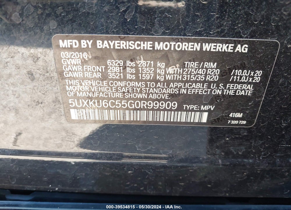 2016 BMW X6 XDRIVE50I VIN: 5UXKU6C55G0R99909