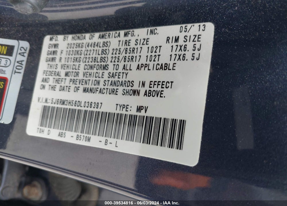 2013 HONDA CR-V EX VIN: 5J6RM3H56DL036397