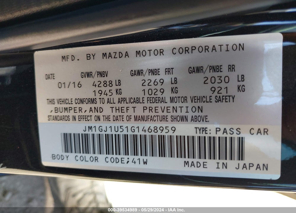2016 MAZDA 6 I SPORT VIN: JM1GJ1U51G1468959
