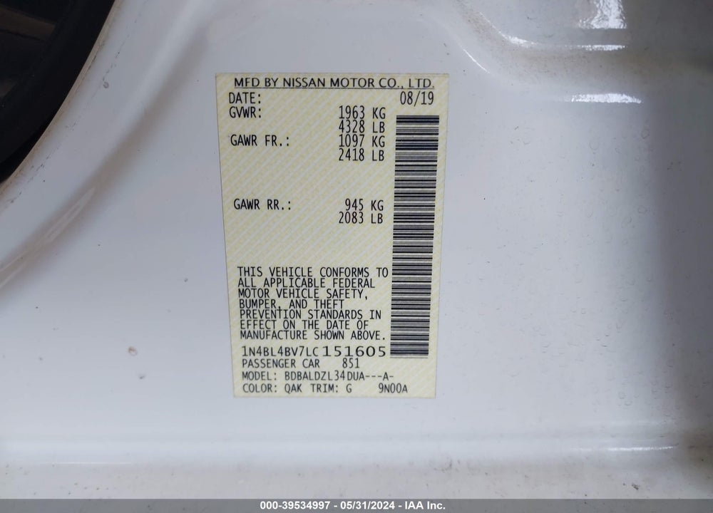 2020 NISSAN ALTIMA VIN: 1N4BL4BV7LC151605