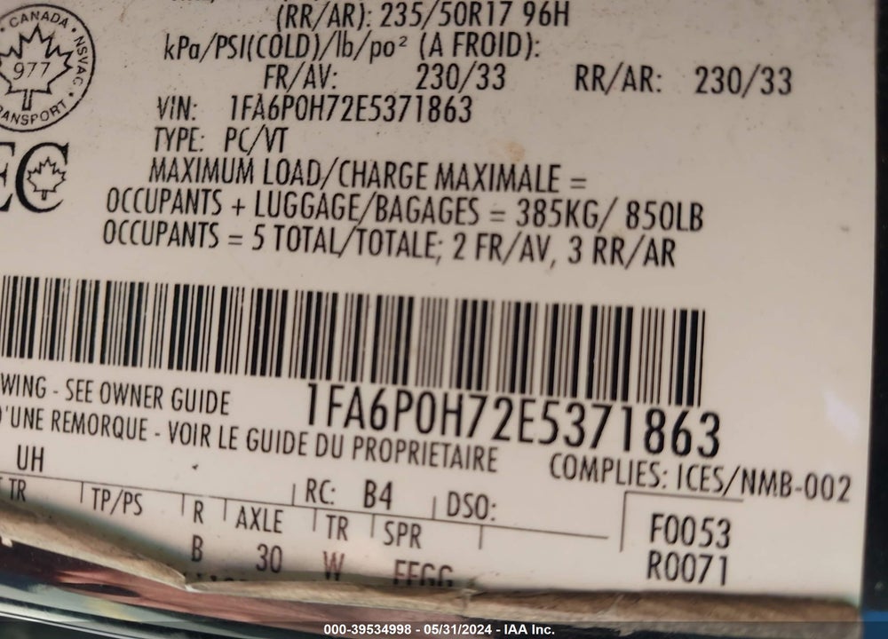 2014 FORD FUSION SE VIN: 1FA6P0H72E5371863