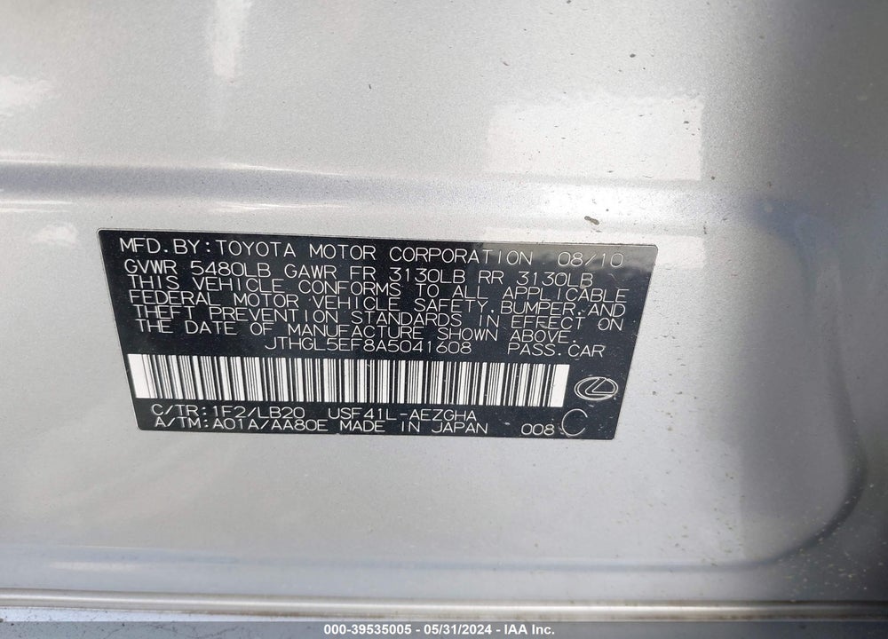 2010 LEXUS LS 460 L VIN: JTHGL5EF8A5041608