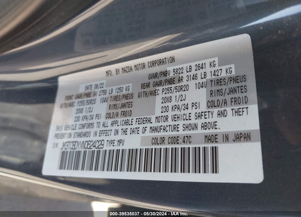 2022 MAZDA CX-9 CARBON EDITION VIN: JM3TCBDYXN0624029