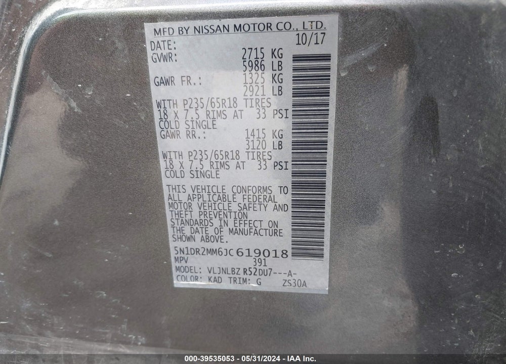 2018 NISSAN PATHFINDER S VIN: 5N1DR2MM6JC619018