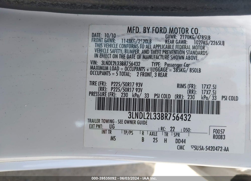 2011 LINCOLN MKZ HYBRID VIN: 3LNDL2L33BR756432