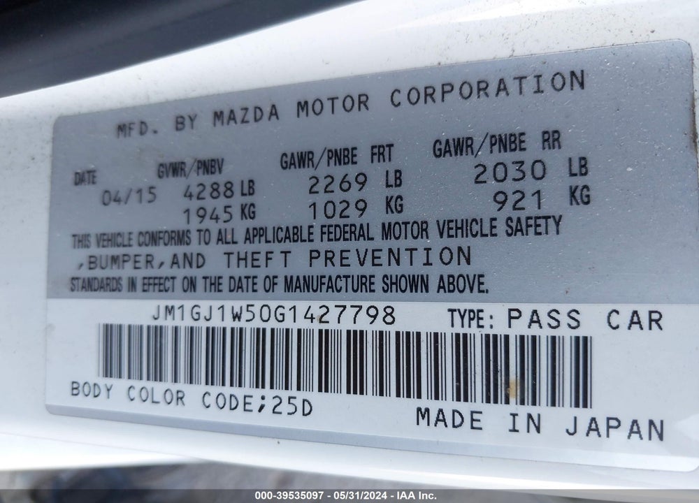 2016 MAZDA 6 I GRAND TOURING VIN: JM1GJ1W50G1427798