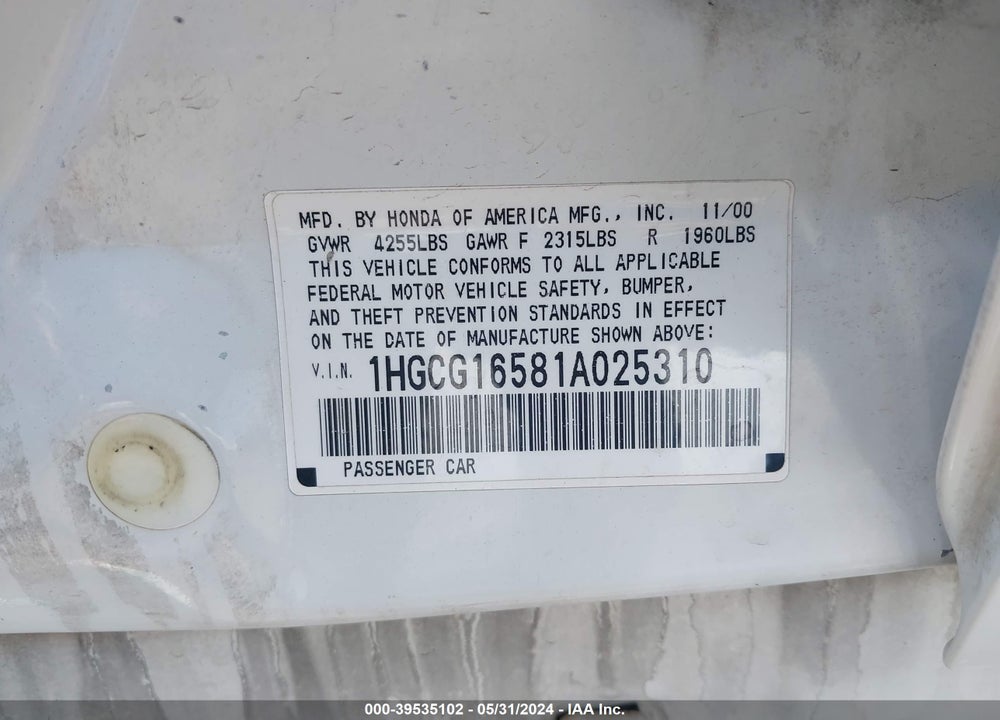 2001 HONDA ACCORD 3.0 EX VIN: 1HGCG16581A025310