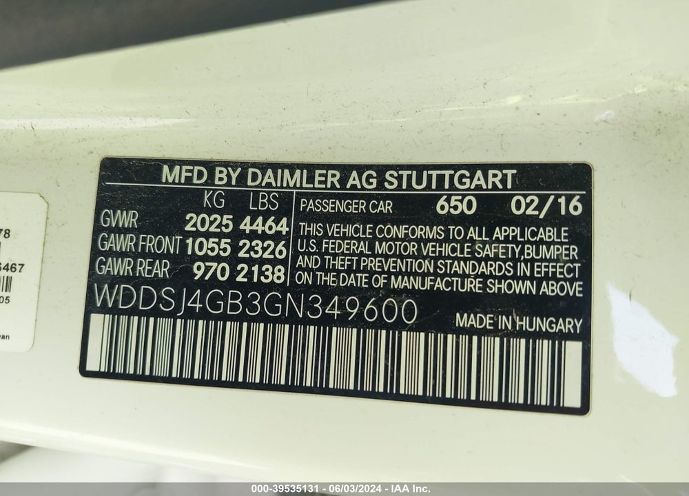 2016 MERCEDES-BENZ CLA 250 4MATIC VIN: WDDSJ4GB3GN349600