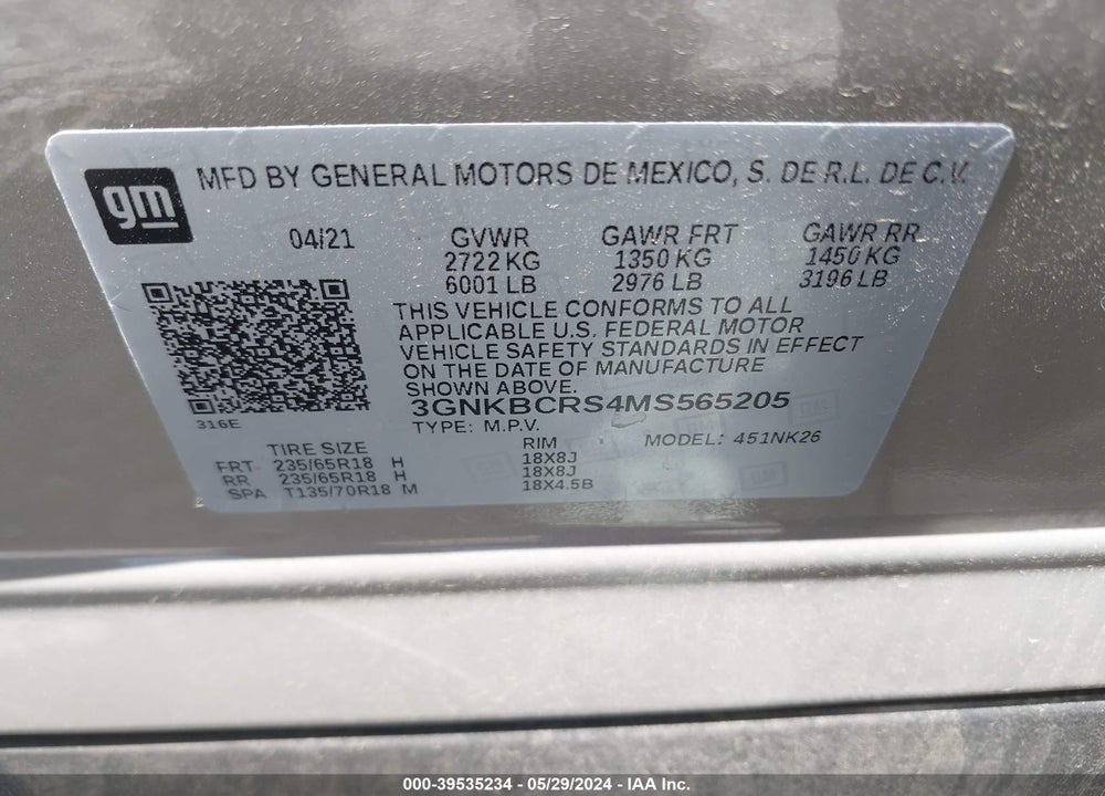 2021 CHEVROLET BLAZER FWD 2LT VIN: 3GNKBCRS4MS565205
