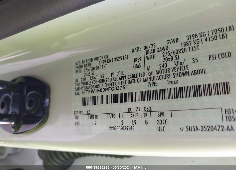 2023 FORD F-150 XLT VIN: 1FTFW1E80PFC03751