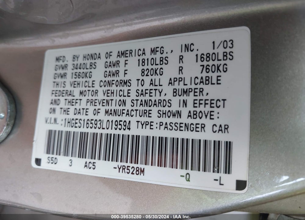 2003 HONDA CIVIC LX VIN: 1HGES16593L019594