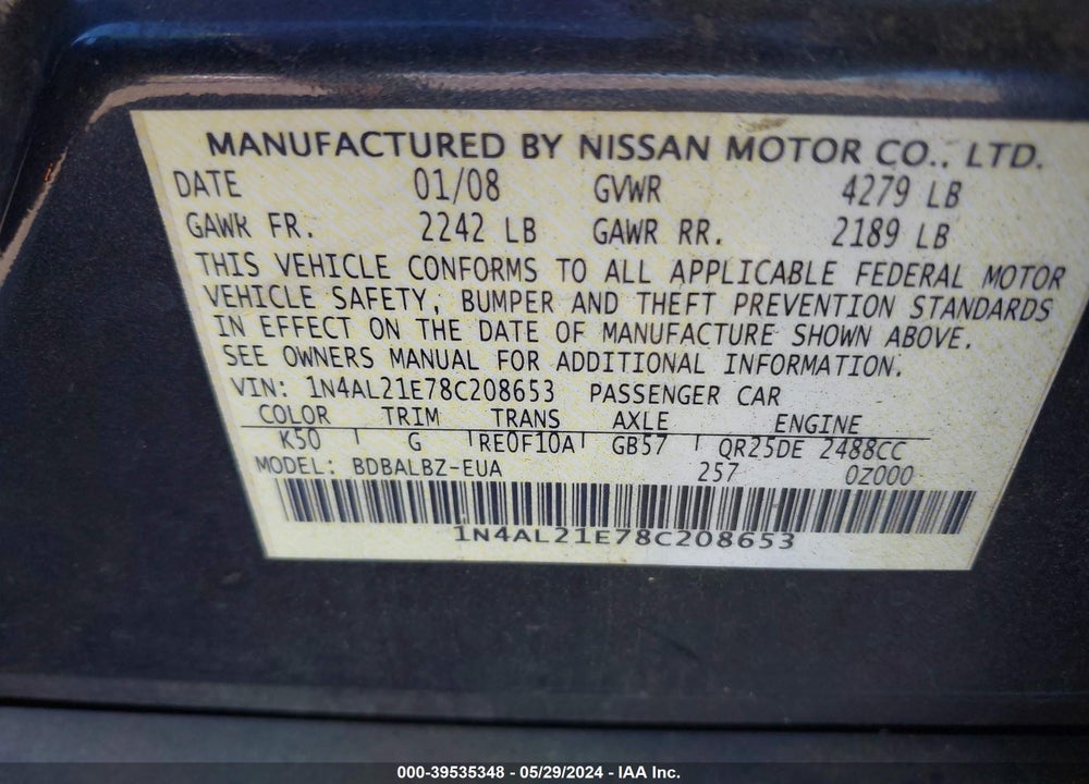 2008 NISSAN ALTIMA 2.5 S VIN: 1N4AL21E78C208653