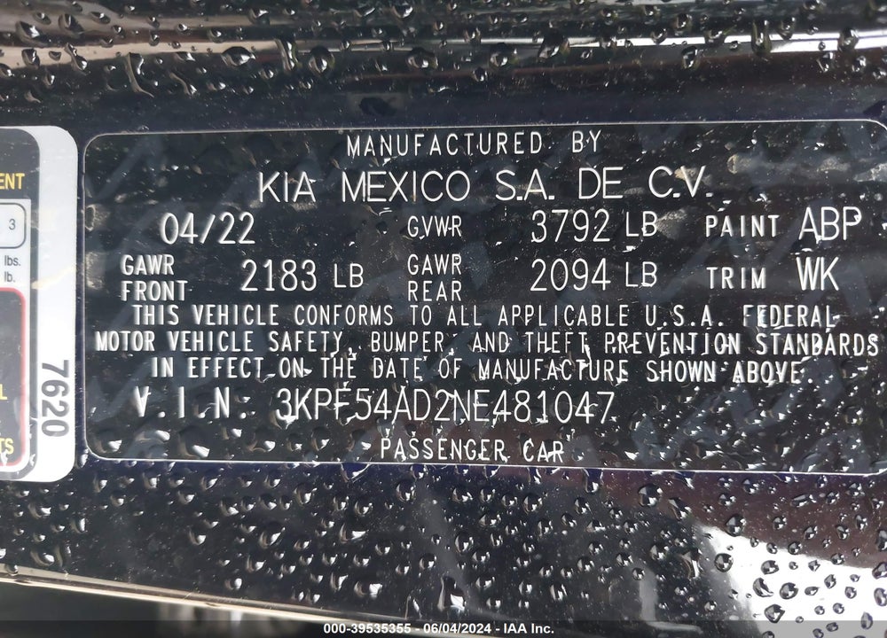2022 KIA FORTE GT LINE VIN: 3KPF54AD2NE481047