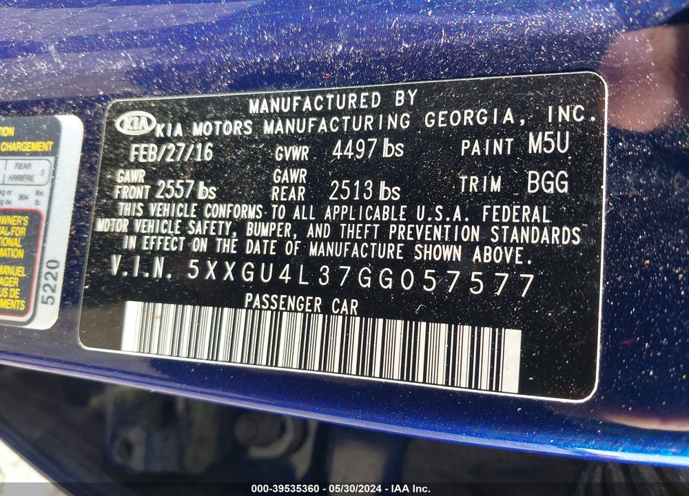 2016 KIA OPTIMA EX VIN: 5XXGU4L37GG057577